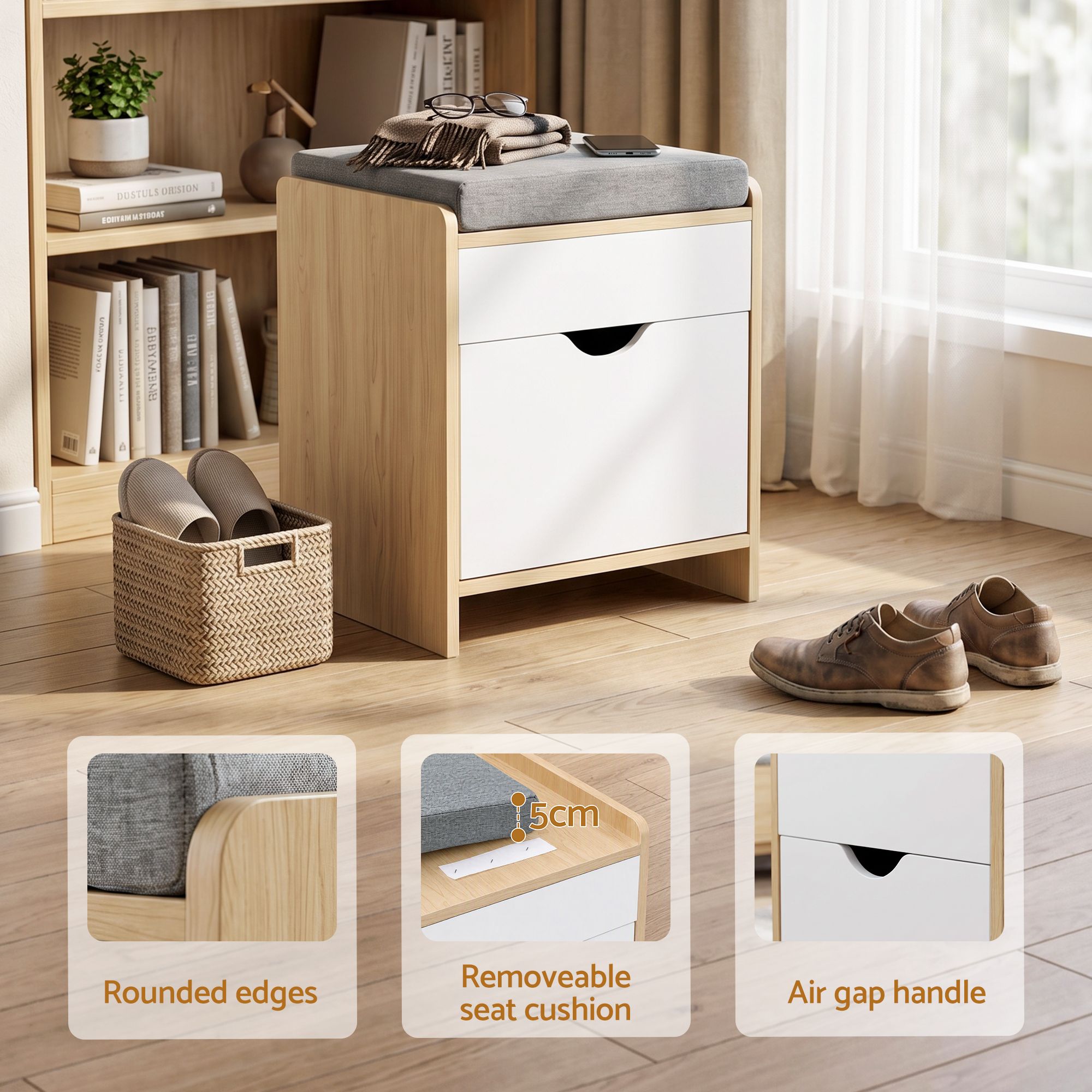 Storage Ottoman with Drawer 100kg Capacity Footrest Cushion - Pine