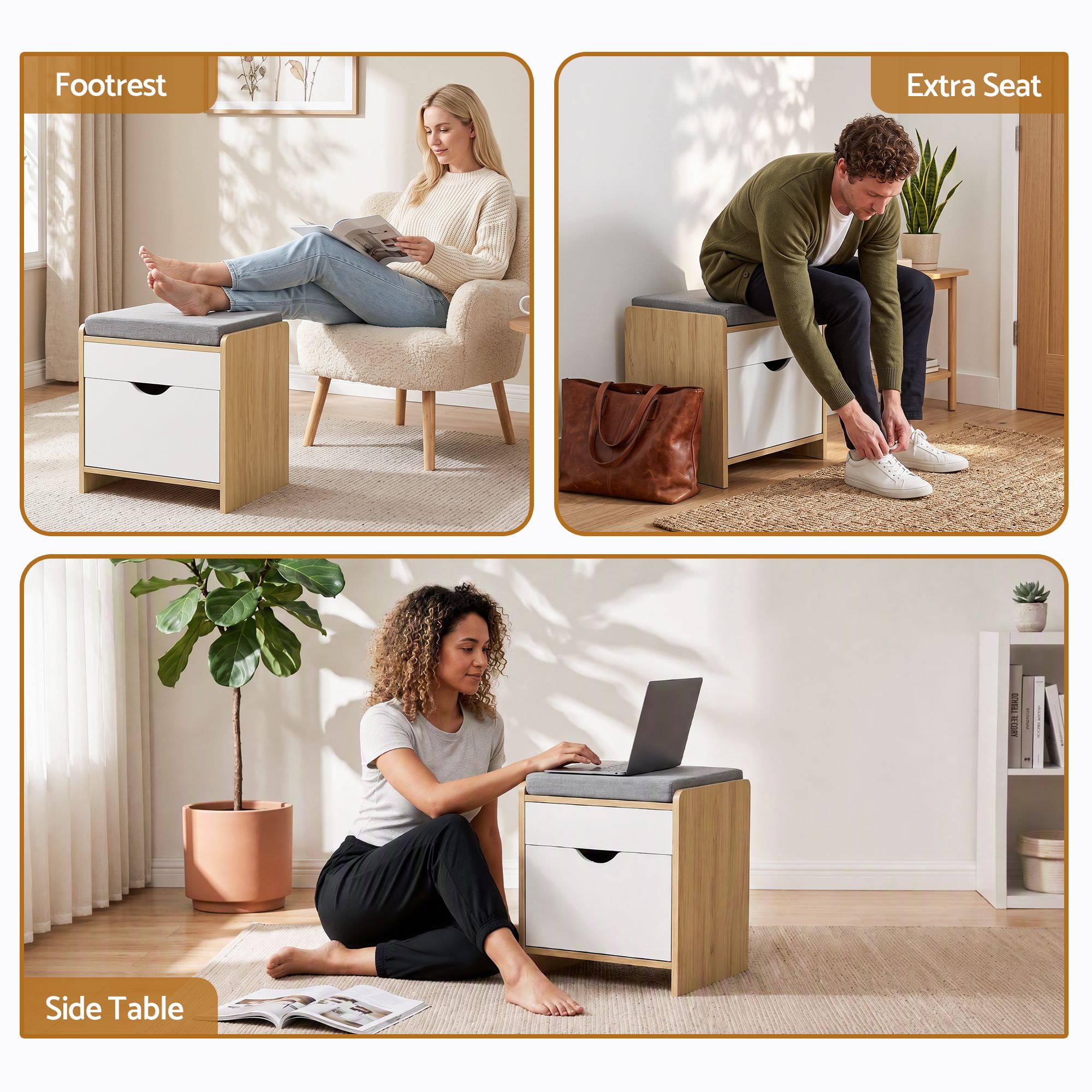 Storage Ottoman with Drawer 100kg Capacity Footrest Cushion - Pine