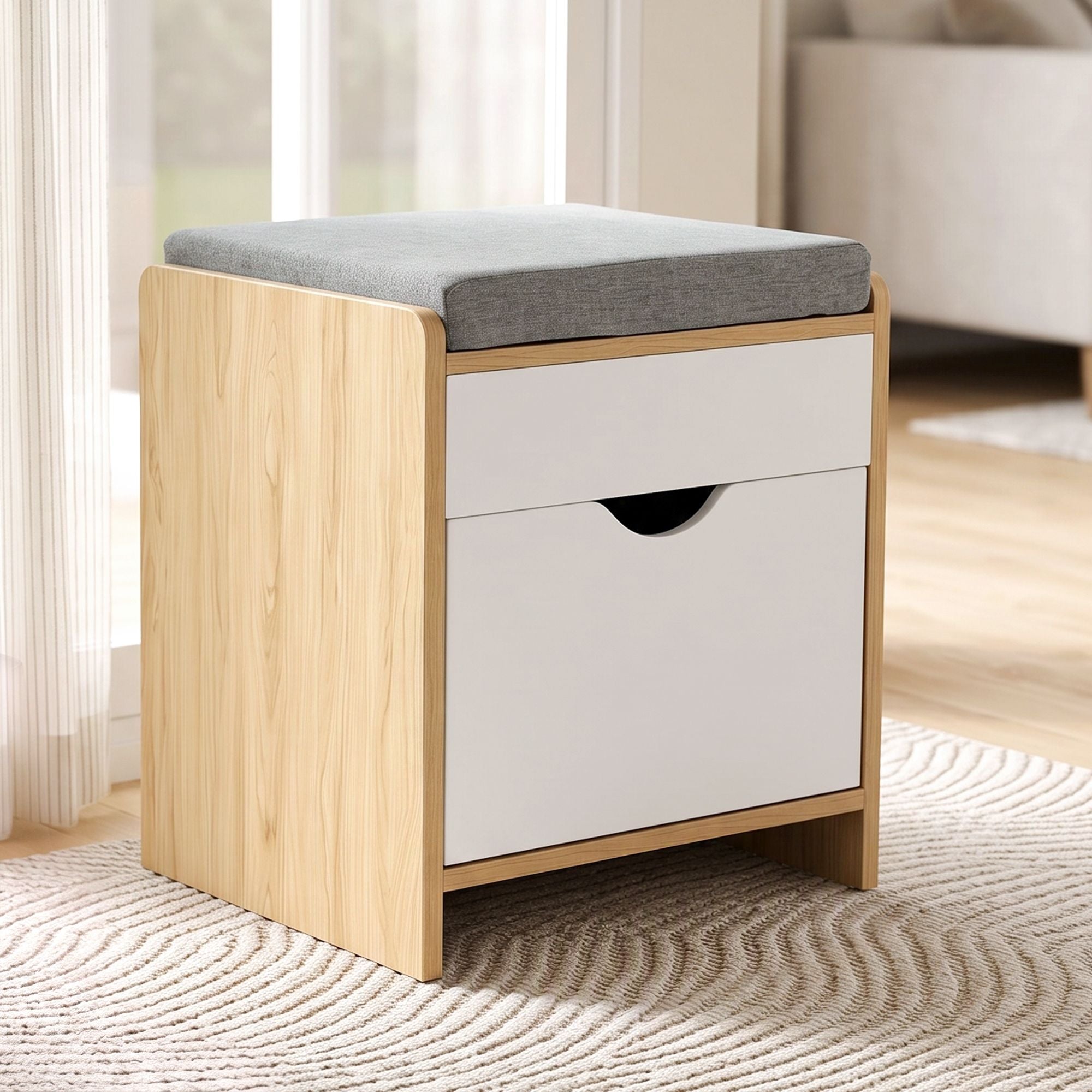 Storage Ottoman with Drawer 100kg Capacity Footrest Cushion - Pine
