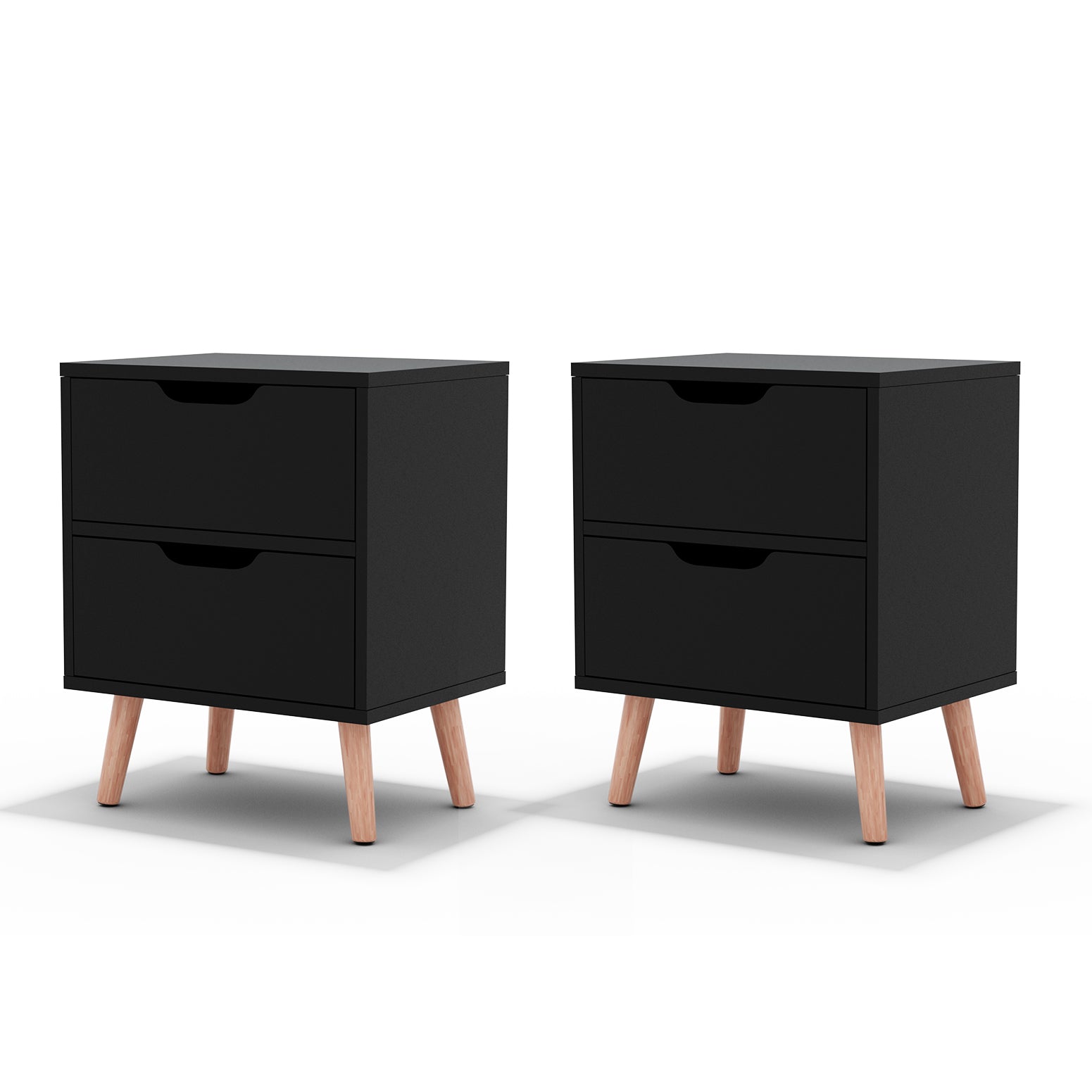 2 x Bedside Table 2 Drawers - BODEN Black with wooden legs, twin pack bedroom furniture by Bedzy on white background