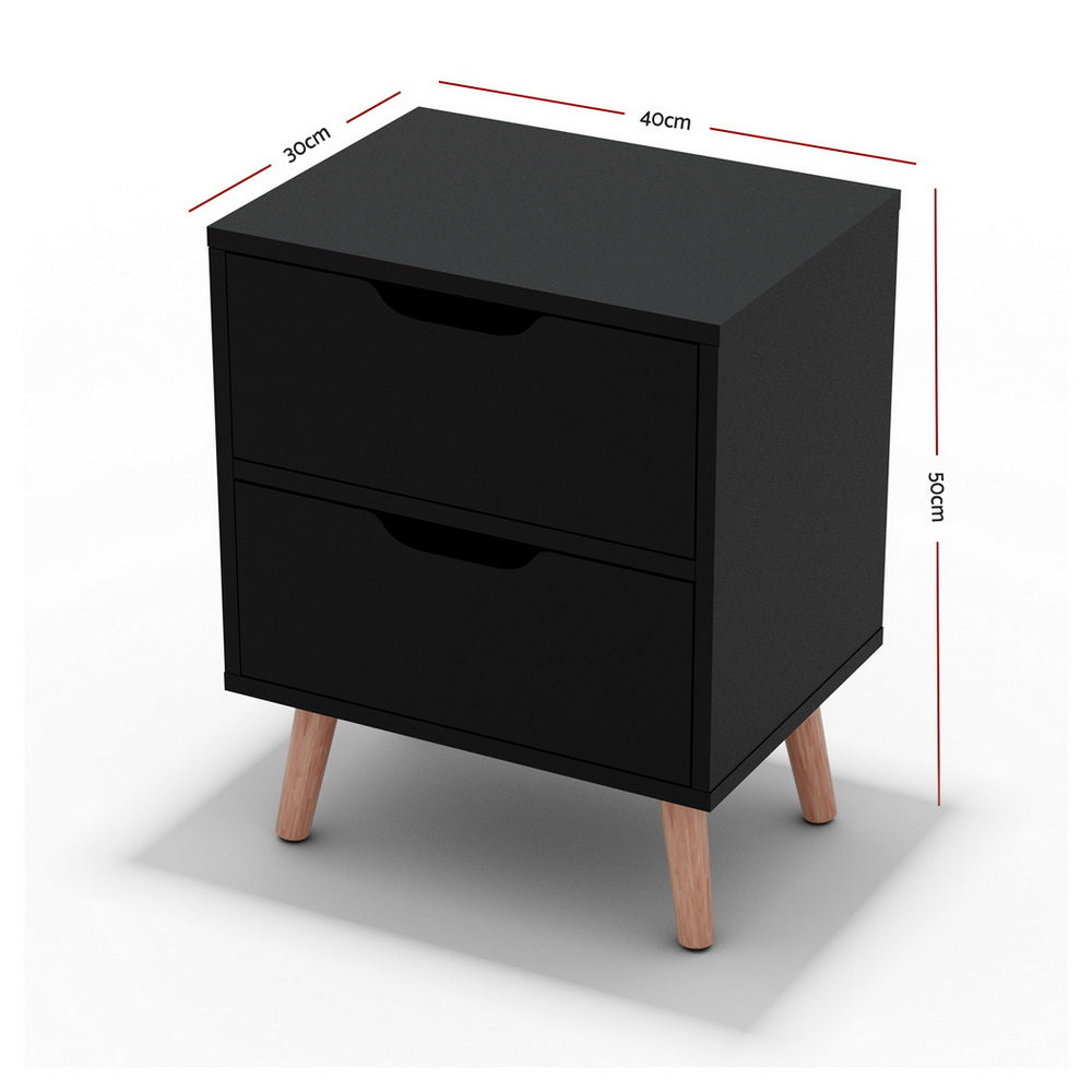 2 x Bedside Table 2 Drawers - BODEN Black with wooden legs, two drawers, and compact design for bedroom furniture