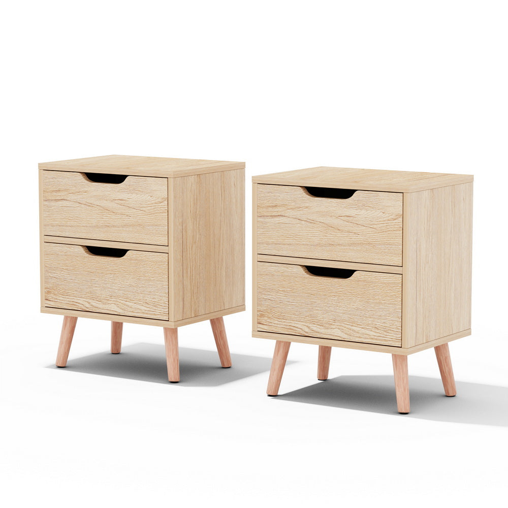 2 x Bedside Table 2 Drawers - BODEN Pine twin pack with light pine finish and angled wooden legs for bedroom furniture
