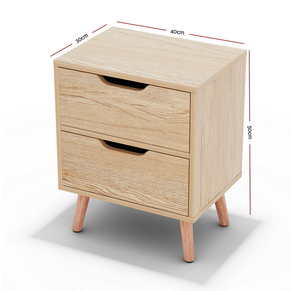 2 x Bedside Table 2 Drawers - BODEN Pine with natural wood finish, two pull-out drawers, and angled wooden legs.
