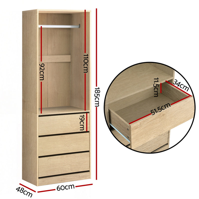 Wardrobe Clothes Closet Storage Organiser Pine with three drawers, metal hanging rail, and natural pine finish for bedroom furniture.