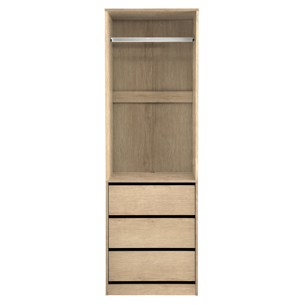 Wardrobe Clothes Closet Storage Organiser Pine with three handle-free drawers and metal hanging rail for bedroom furniture storage