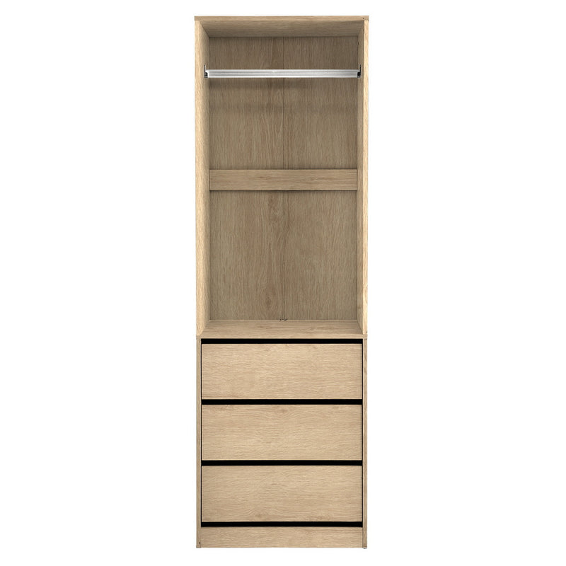 Wardrobe Clothes Closet Storage Organiser Pine with three handle-free drawers and metal hanging rail for bedroom furniture storage
