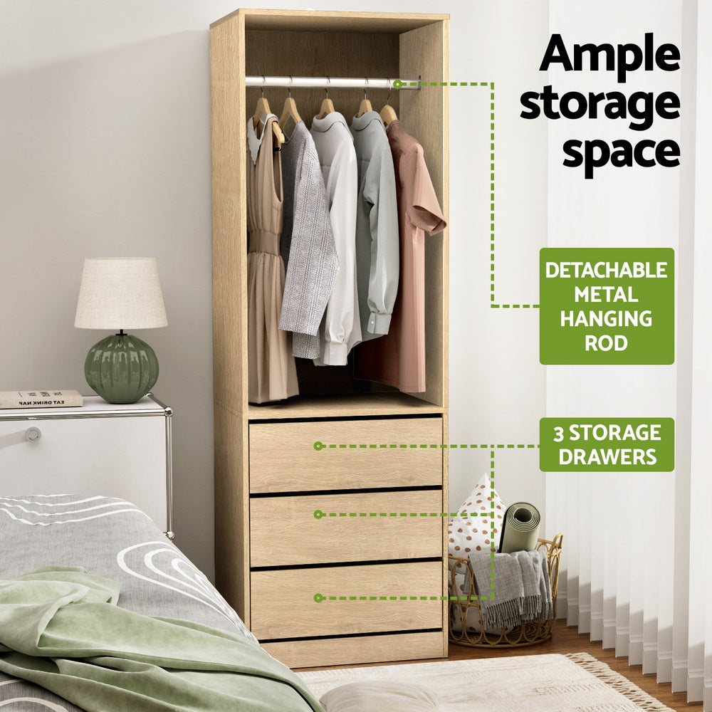 Wardrobe Clothes Closet Storage Organiser Pine with 3 drawers and detachable metal hanging rod in bedroom setting