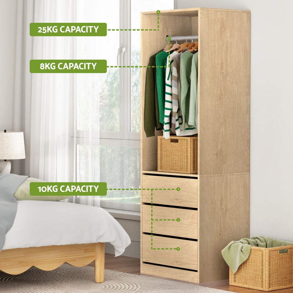 Wardrobe Clothes Closet Storage Organiser Pine with hanging rail, three drawers, and weight capacity labels in bedroom setting