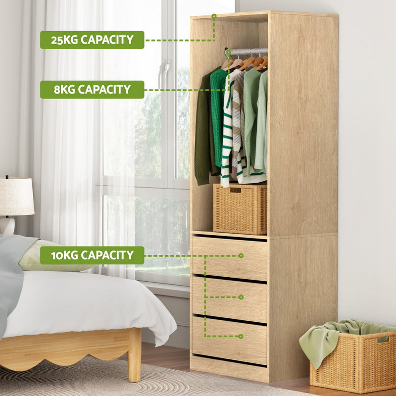 Wardrobe Clothes Closet Storage Organiser Pine with hanging rail, three drawers, and weight capacity labels in bedroom setting