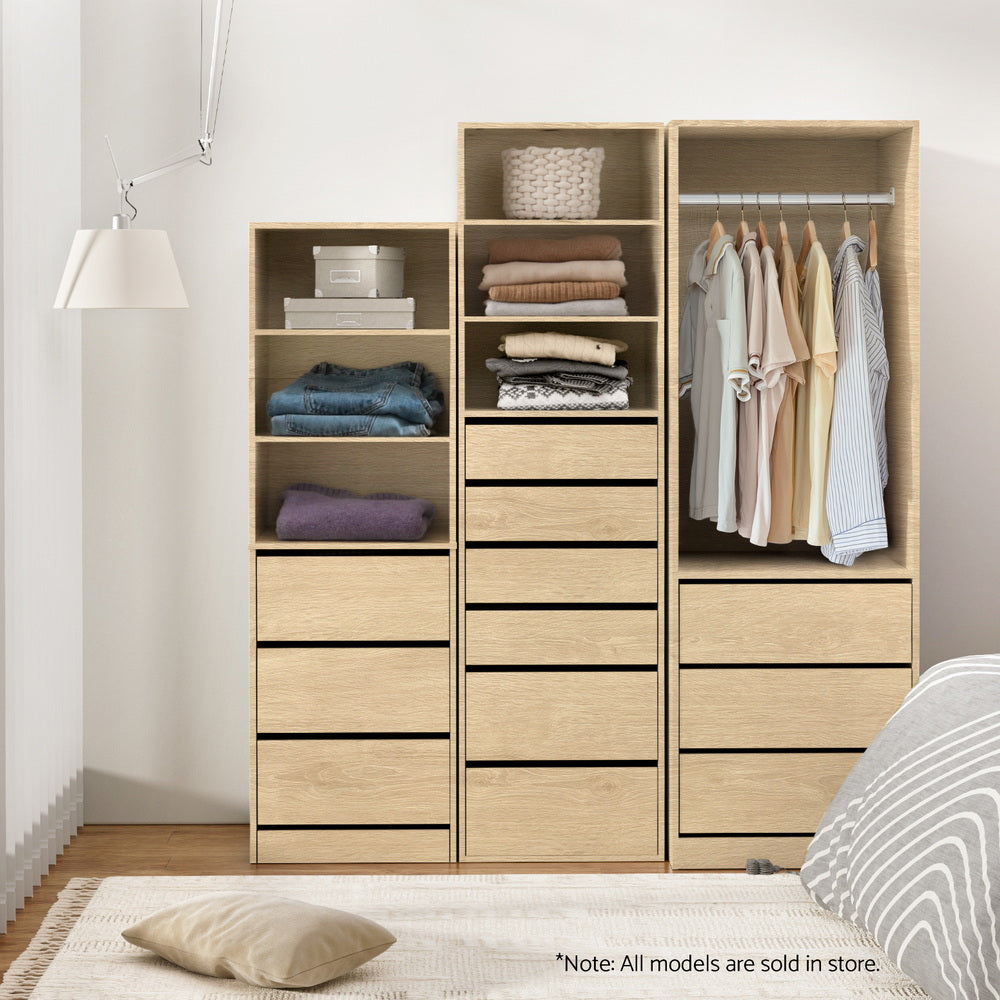 Wardrobe Clothes Closet Storage Organiser Pine with drawers, shelves, and metal hanging rail in bedroom setting