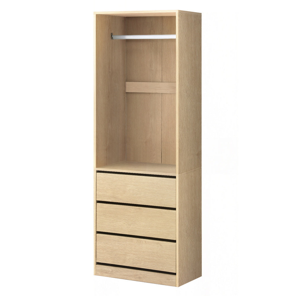 Wardrobe Clothes Closet Storage Organiser Pine with three drawers and metal hanging rail in natural pine finish