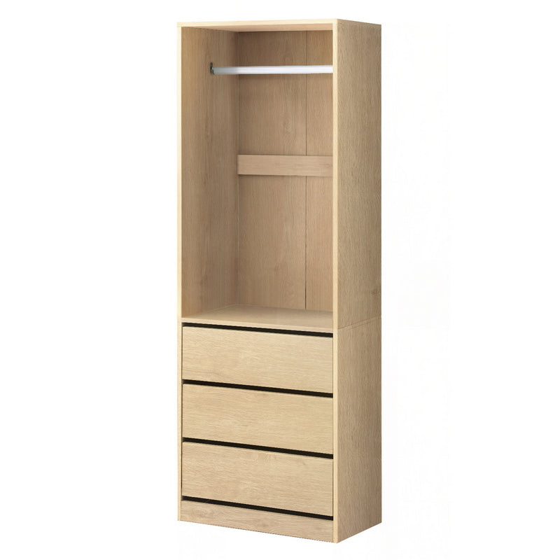 Wardrobe Clothes Closet Storage Organiser Pine with three drawers and metal hanging rail in natural pine finish