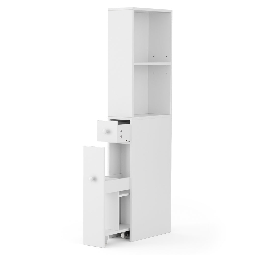 Bathroom Cabinet Storage Slim Organiser Drawer Toilet Corner 135cm White with open shelves, drawer, and pull-out cabinet on wheels