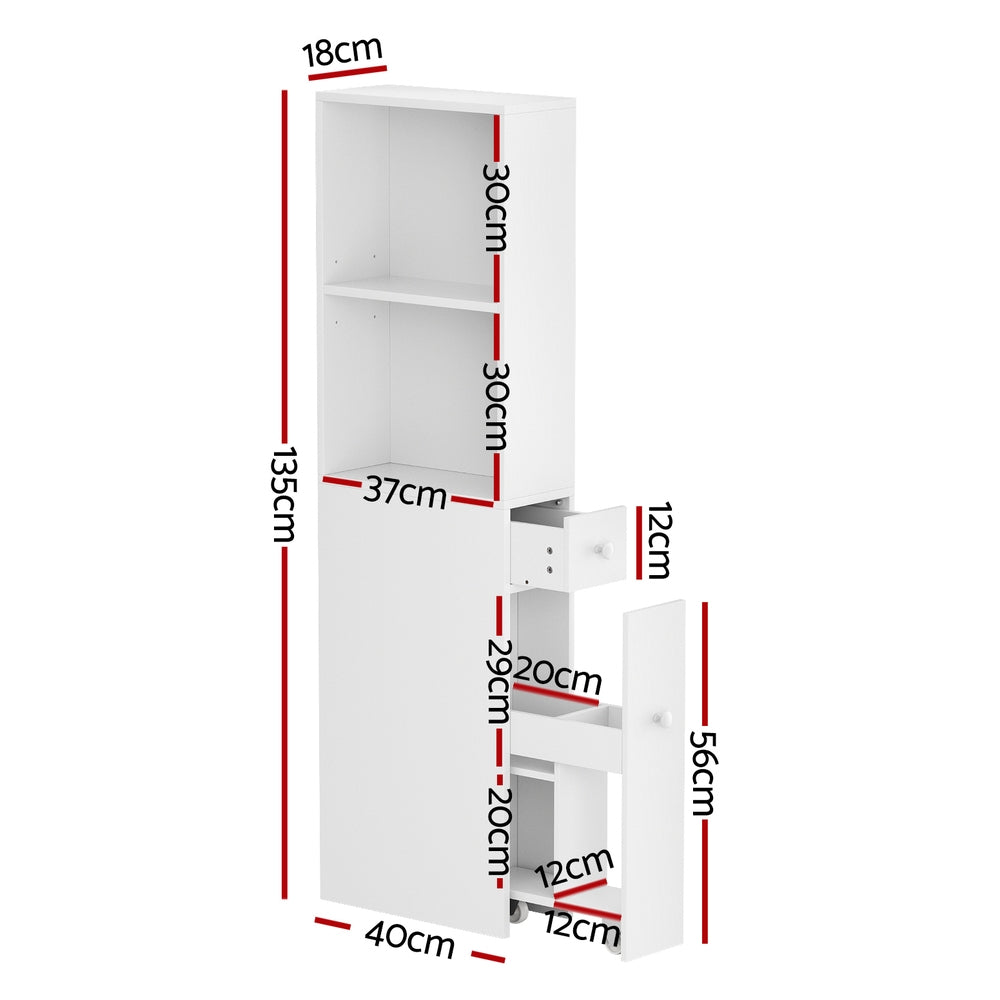 Bathroom Cabinet Storage Slim Organiser Drawer Toilet Corner 135cm White with adjustable shelves and pull-out drawer showing dimensions