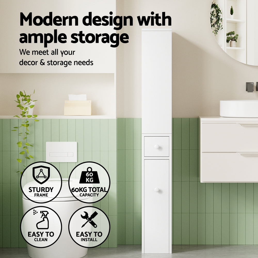 Bathroom Cabinet Storage Slim Organiser Drawer Toilet Corner 135cm White with multiple compartments in a modern bathroom setting
