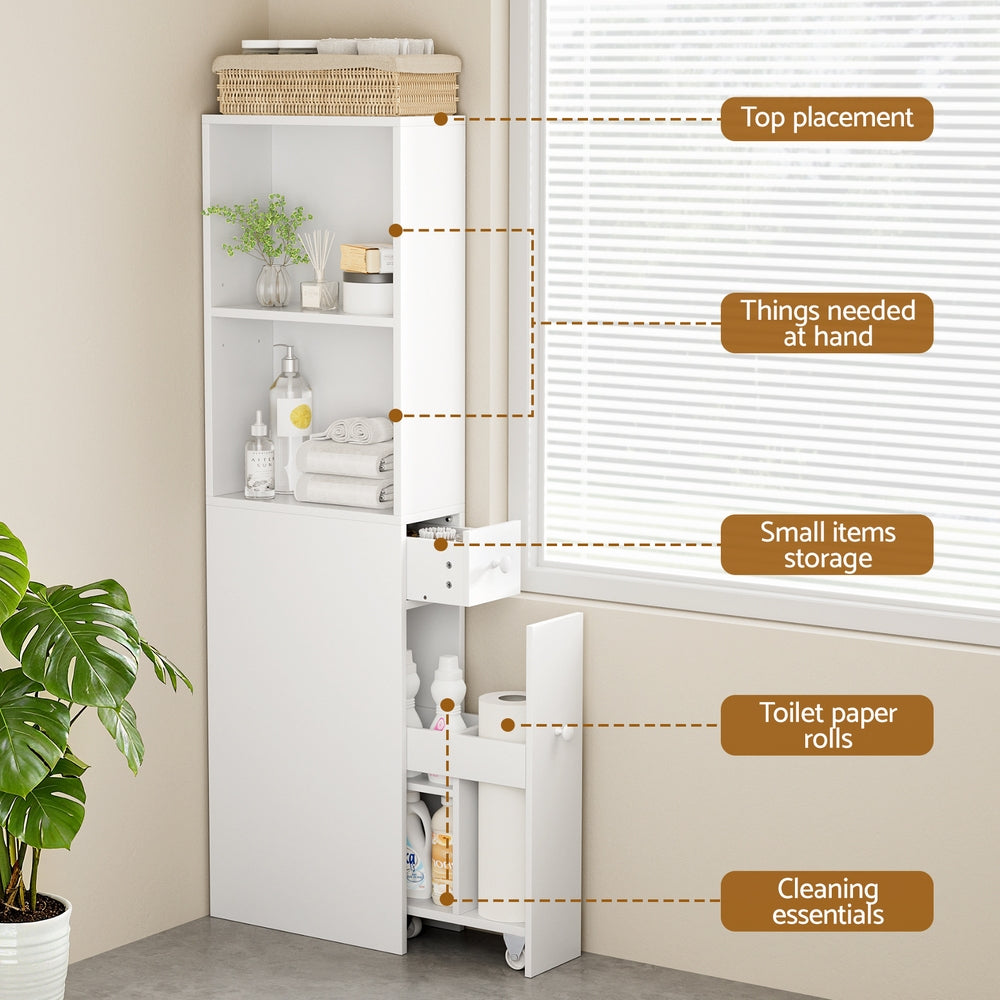 Bathroom Cabinet Storage Slim Organiser Drawer Toilet Corner 135cm White with shelves, drawer, and pull-out cabinet for bathroom essentials