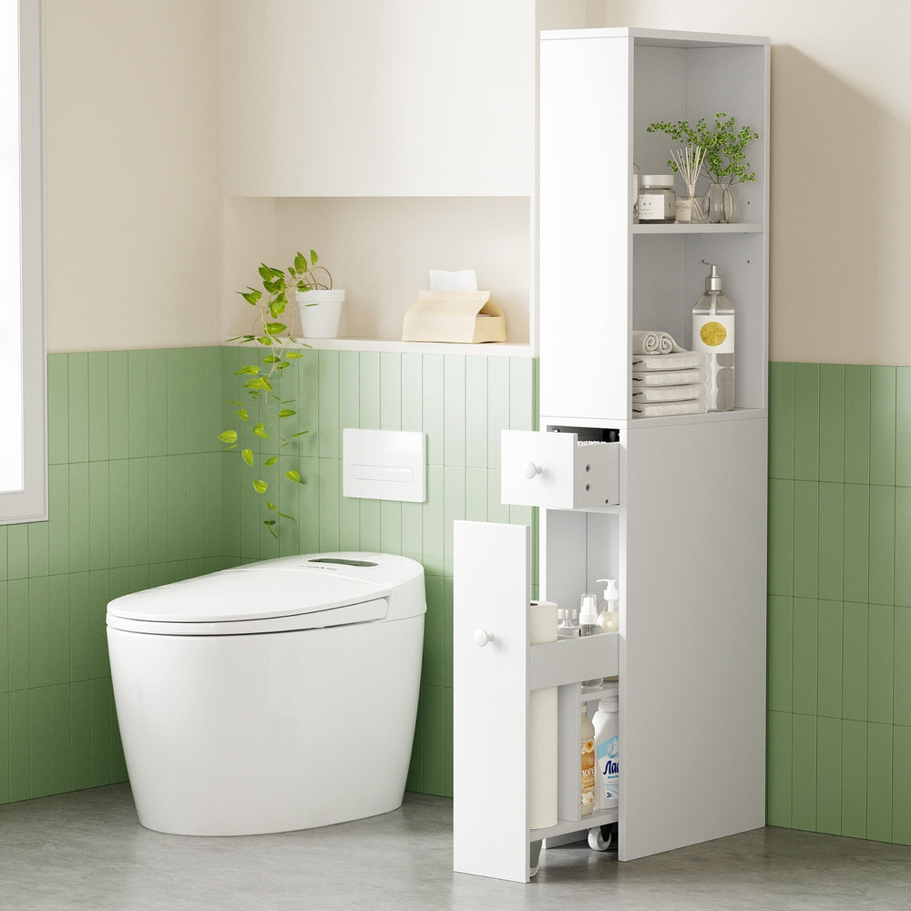 Bathroom Cabinet Storage Slim Organiser Drawer Toilet Corner 135cm White with open shelves and pull-out storage in modern bathroom setting