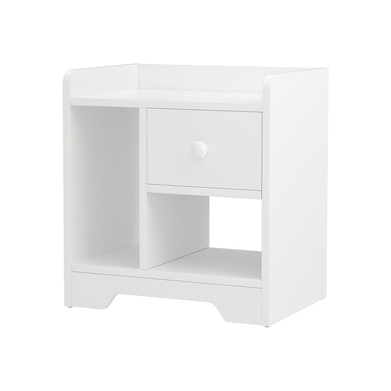 Modern Bedside Table with Drawer - White featuring one drawer, open storage shelf, and a clean minimalist design