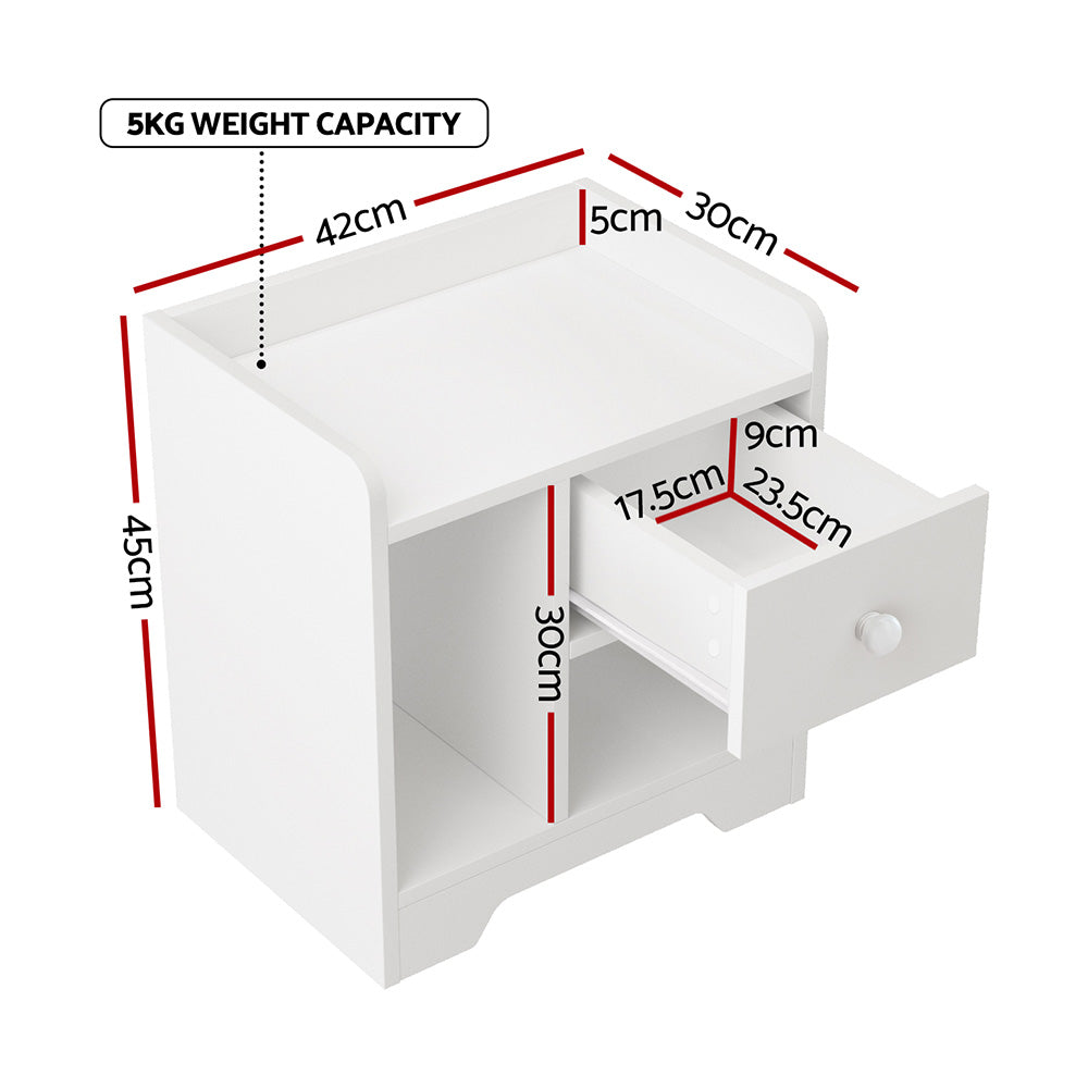 Modern Bedside Table with Drawer - White, compact design with open shelf and drawer, ideal for bedroom furniture by Bedzy
