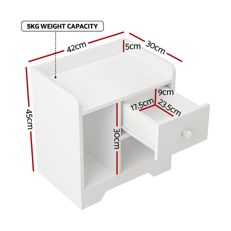 Modern Bedside Table with Drawer - White, compact design with open shelf and drawer, ideal for bedroom furniture by Bedzy