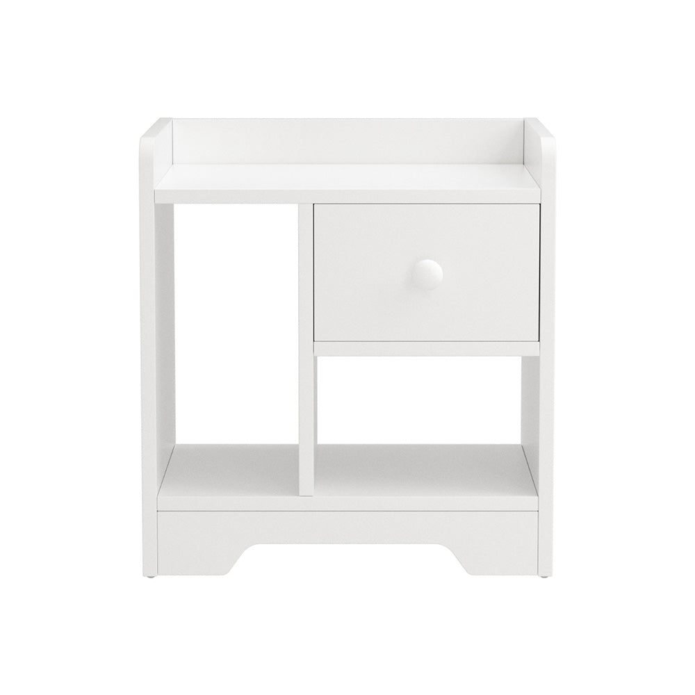 Modern Bedside Table with Drawer - White featuring a compact design, single drawer, open shelf, ideal bedroom furniture by Bedzy