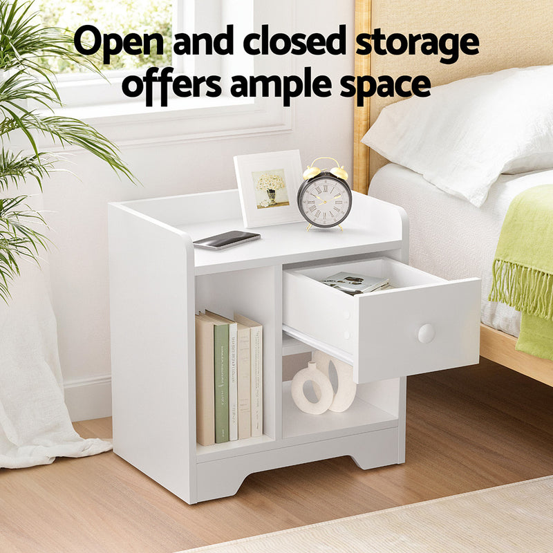 Modern Bedside Table with Drawer - White featuring open and closed storage, compact design, and classic round drawer handle in bedroom setting