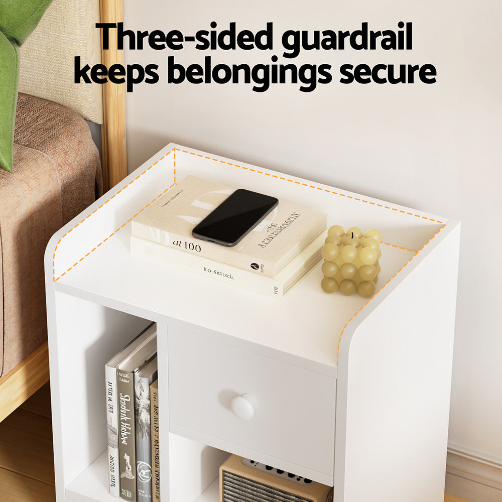 Modern Bedside Table with Drawer - White featuring three-sided guardrail, drawer, and open shelves for bedroom furniture storage.