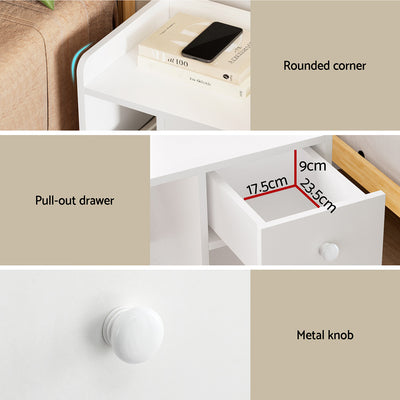 Modern Bedside Table with Drawer - White with rounded corner, pull-out drawer, and metal knob, ideal for bedroom furniture by Bedzy