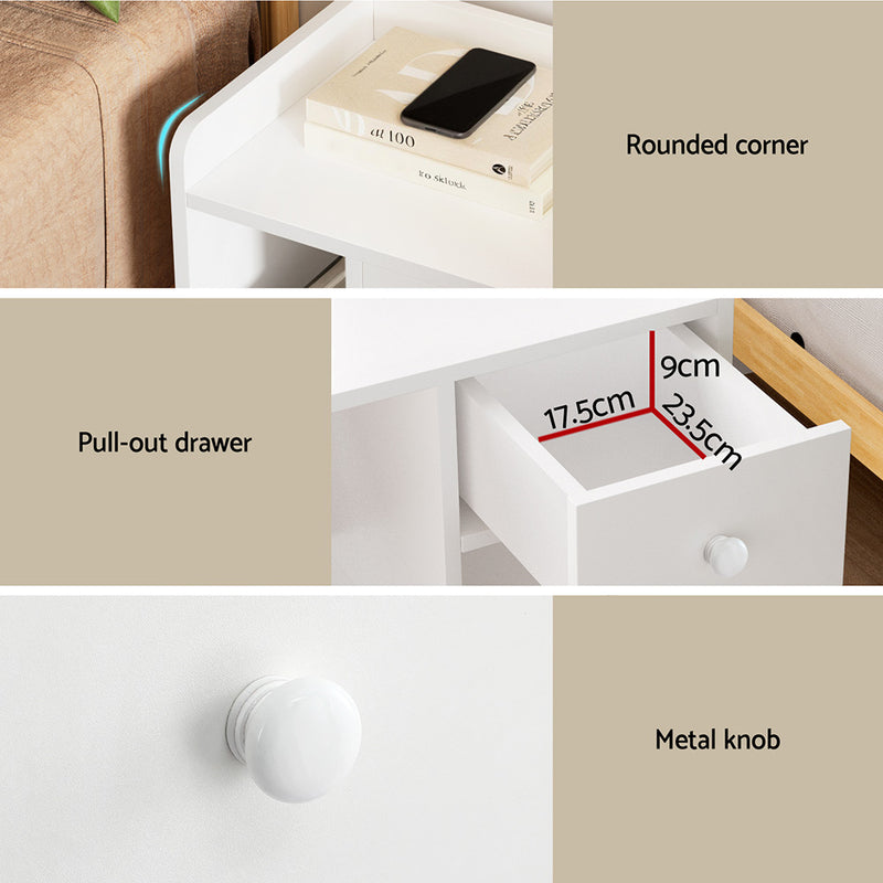 Modern Bedside Table with Drawer - White with rounded corner, pull-out drawer, and metal knob, ideal for bedroom furniture by Bedzy