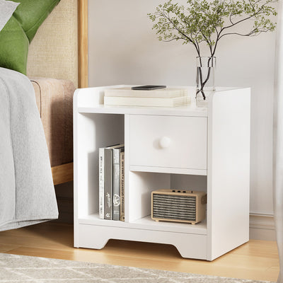 Modern Bedside Table with Drawer - White with cubby storage, drawer, and decorative items in a bedroom setting beside bed