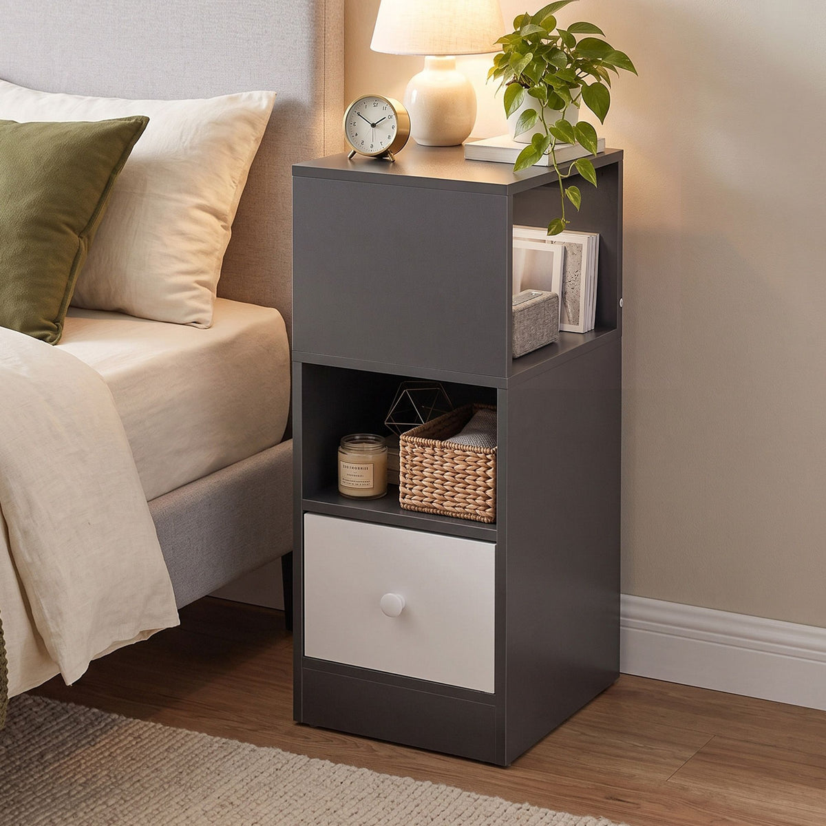 Narrow Bedside Table Small Side Cabinet with 1 Drawer - Grey