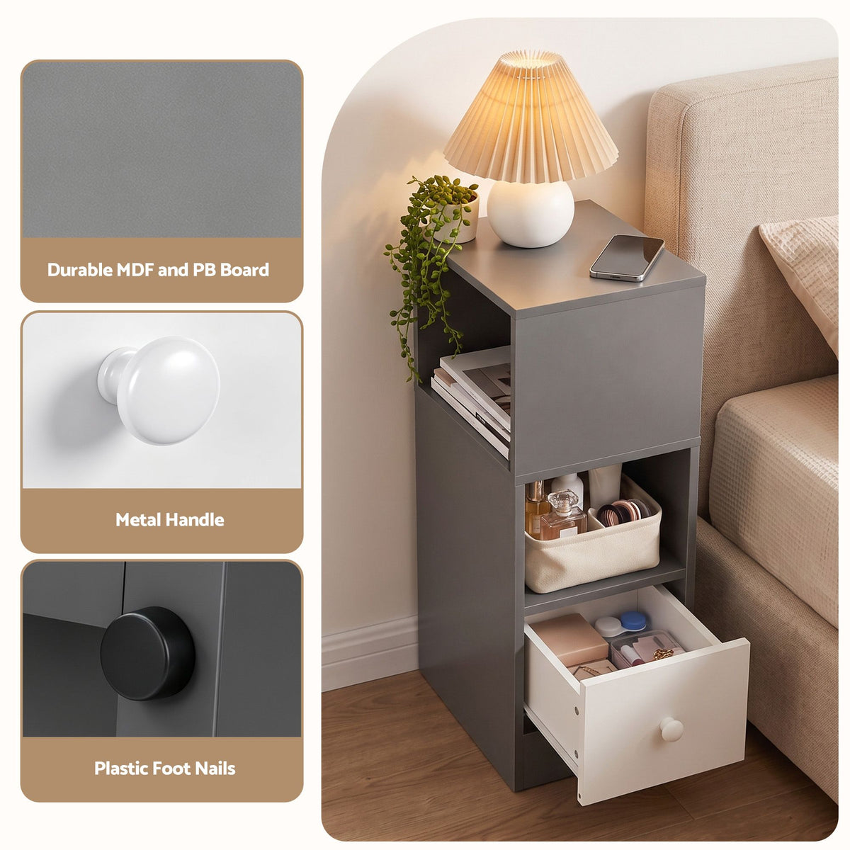 Narrow Bedside Table Small Side Cabinet with 1 Drawer - Grey