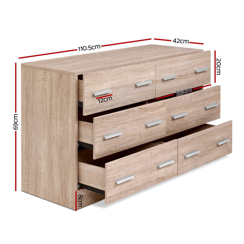 6 Drawer Lowboy Storage Dresser Pine with metal handles, six drawers, and oak melamine finish for bedroom furniture storage