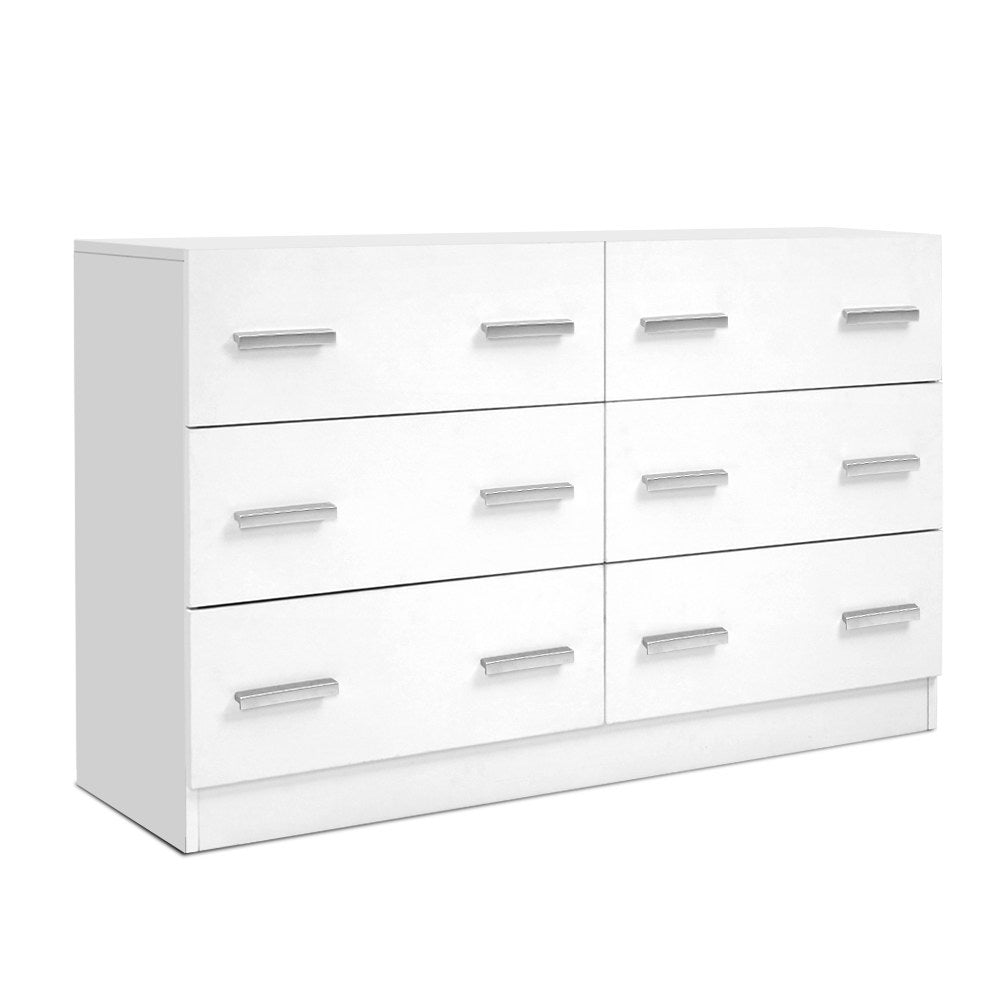 6 Drawer Lowboy Storage Dresser White with silver handles and clean modern design for bedroom furniture storage.