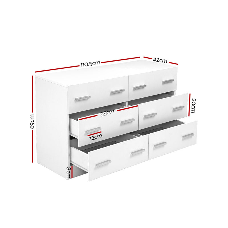 6 Drawer Lowboy Storage Dresser White with six drawers, sleek handles, and compact design for bedroom furniture storage.