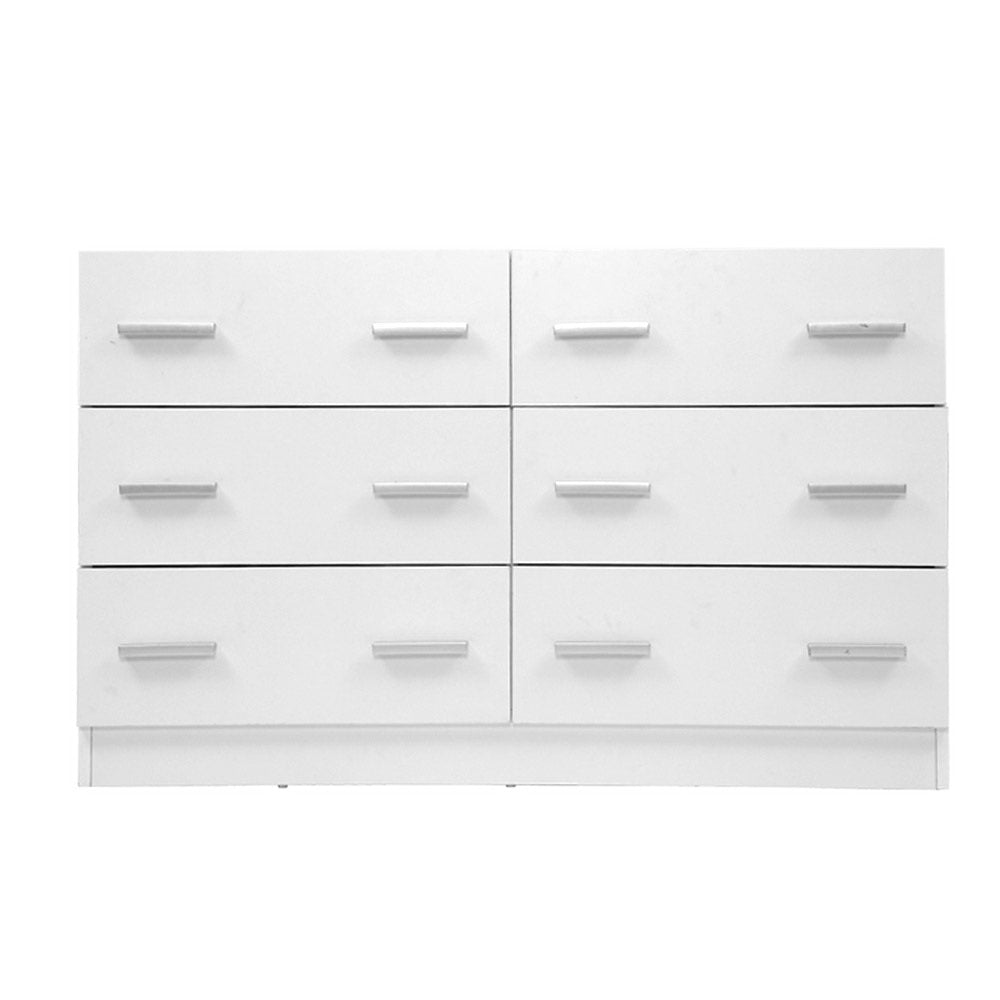 6 Drawer Lowboy Storage Dresser White with sleek handles and a smooth melamine finish, ideal for bedroom furniture storage.