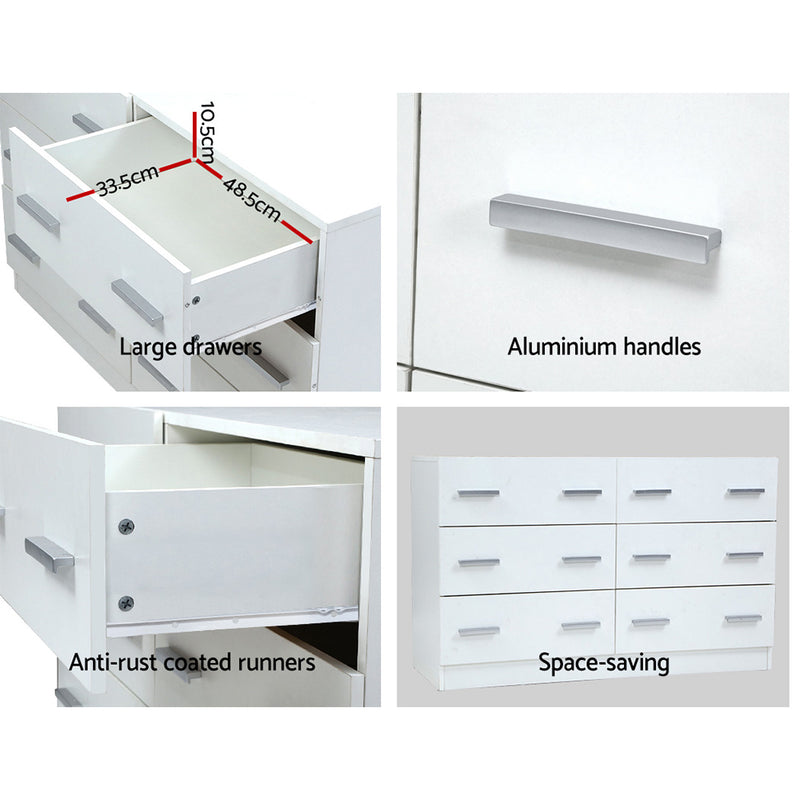 6 Drawer Lowboy Storage Dresser White with large drawers, aluminum handles, anti-rust runners, and space-saving design