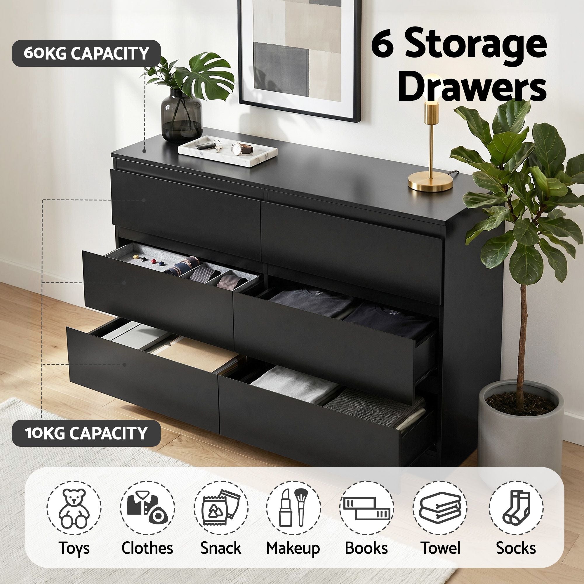 6 Chest of Drawers Lowboy Black