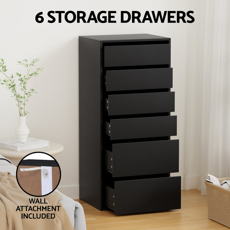 6 Chest of Drawers Dresser Tallboy Black with six spacious drawers, sleek design, and wall attachment included for bedroom storage
