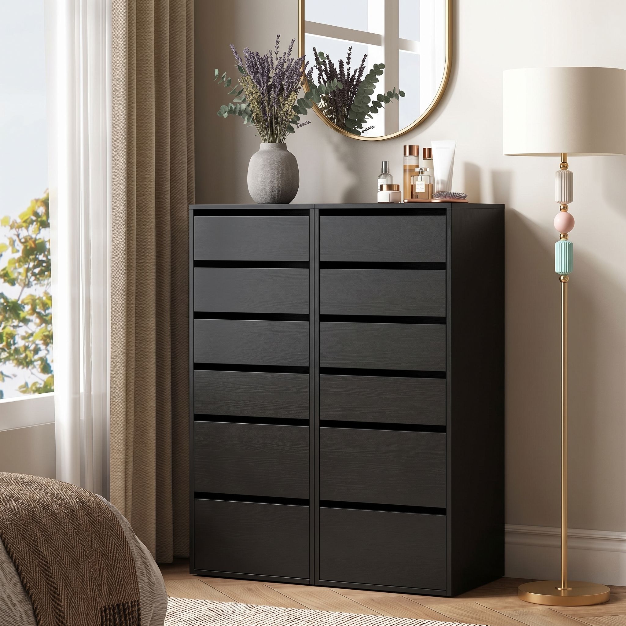 2x Chest of 6 Drawers Tallboy Dresser - Black