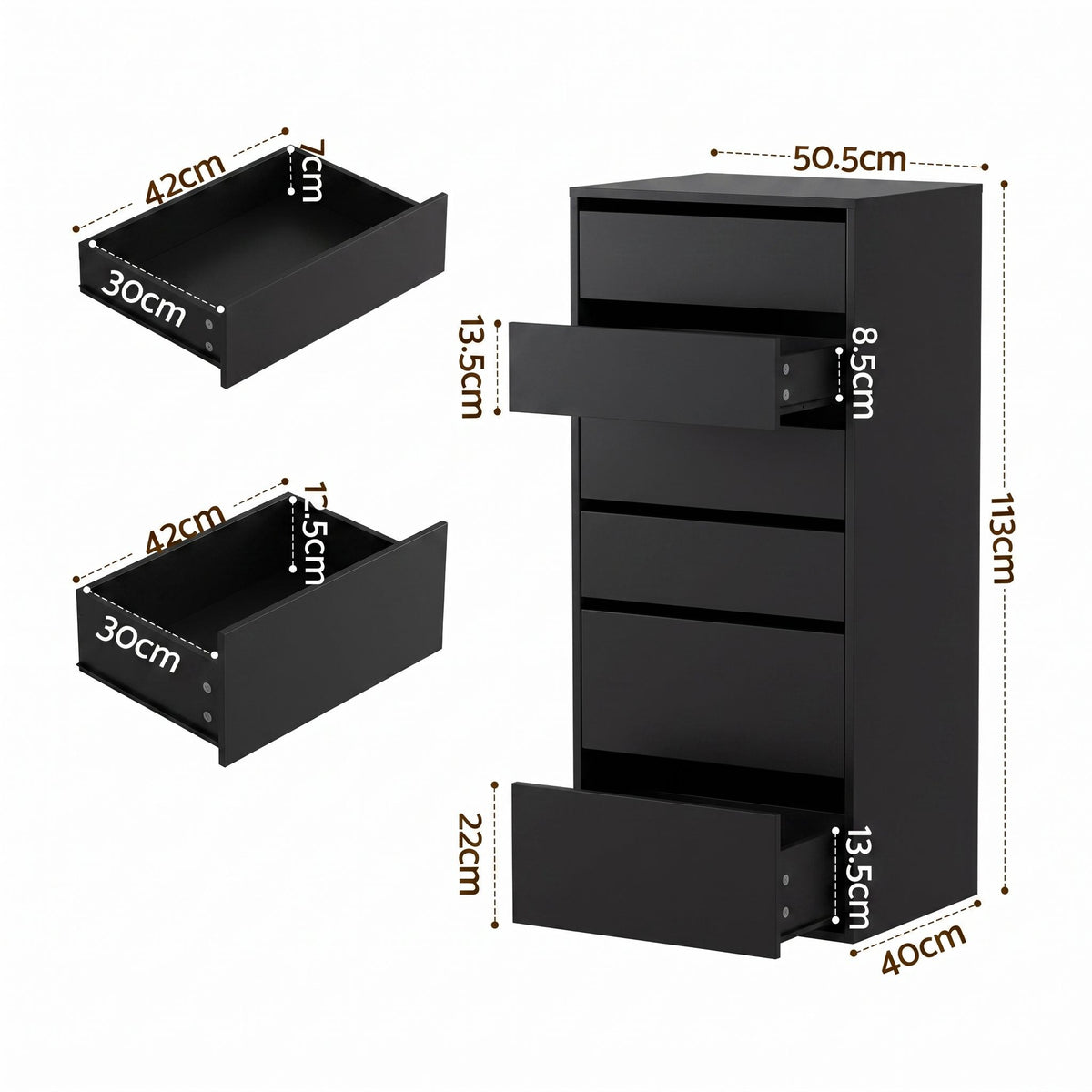 2x Chest of 6 Drawers Tallboy Dresser - Black