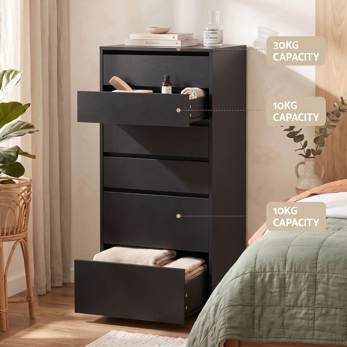 2x Chest of 6 Drawers Tallboy Dresser - Black