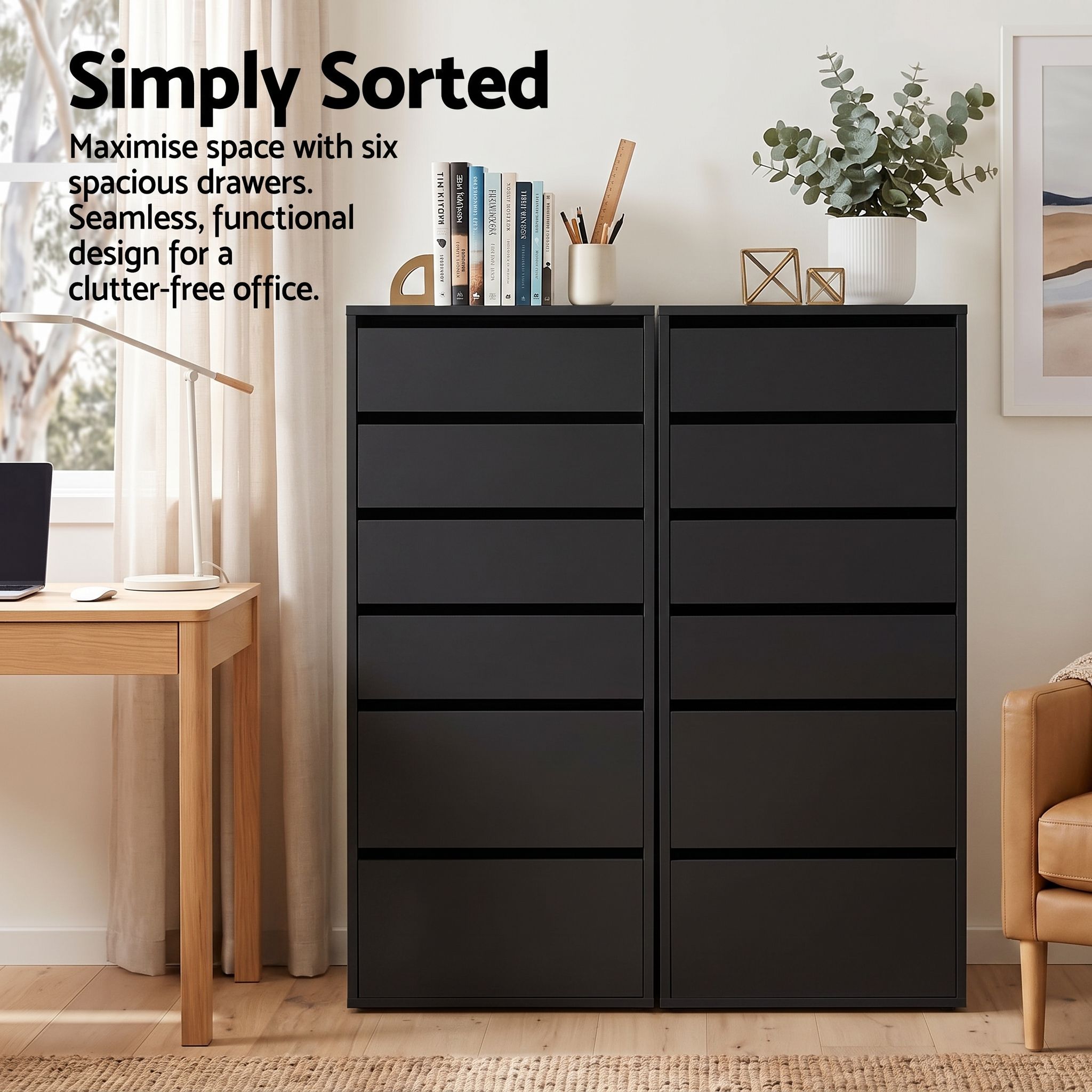 2x Chest of 6 Drawers Tallboy Dresser - Black