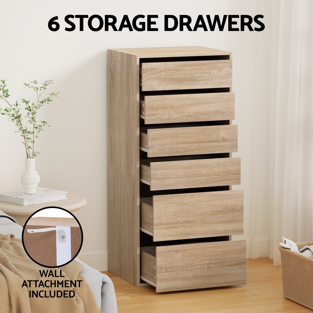 6 Chest of Drawers Dresser Tallboy Pine with six spacious drawers in a modern bedroom setting with wall attachment included