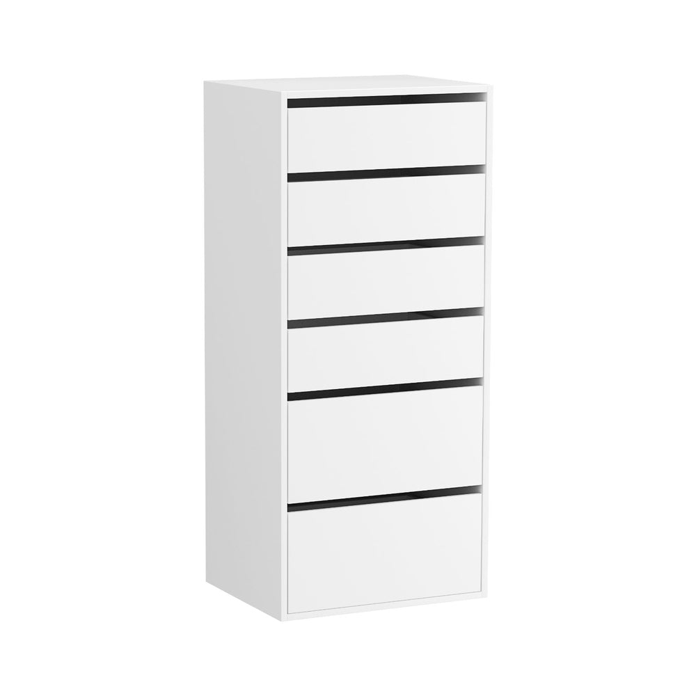 6-Drawer Tallboy Cabinet - White with sleek design, spacious drawers, ideal for bedroom furniture and indoor storage needs