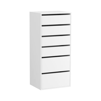 6-Drawer Tallboy Cabinet - White with sleek design, spacious drawers, ideal for bedroom furniture and indoor storage needs
