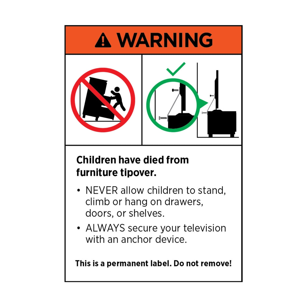 Warning label for 6-Drawer Tallboy Cabinet - White with child safety tip-over instructions and securing television advice