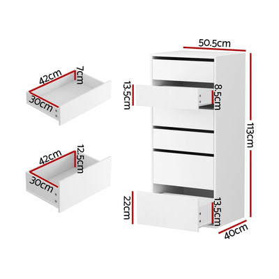 6-Drawer Tallboy Cabinet - White with detailed drawer dimensions and overall height for bedroom furniture by Bedzy