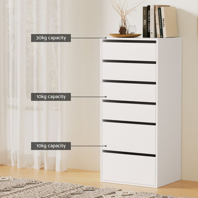 6-Drawer Tallboy Cabinet - White with clean lines, multiple drawers labeled by weight capacity, styled with books and decor on top