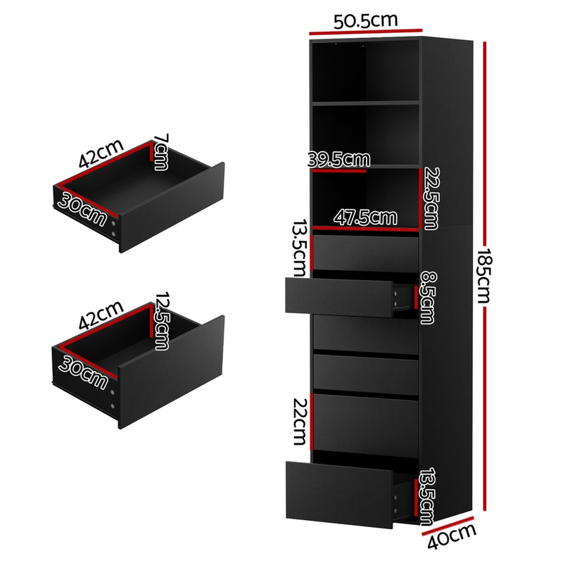 6 Chest of Drawers Tallboy Cabinet Black with six drawers and open shelves, showing detailed dimensions on white background